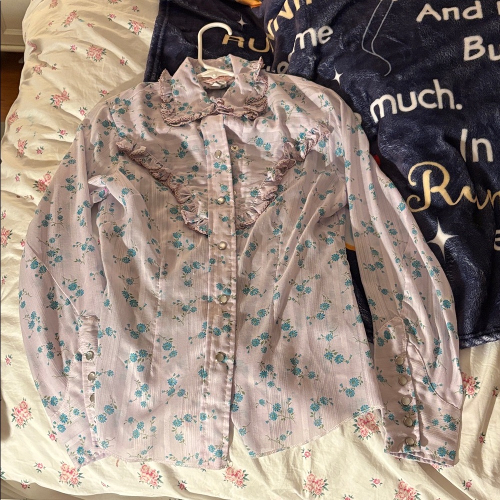 Floral Lavender Blouse, Vintage Button-Down